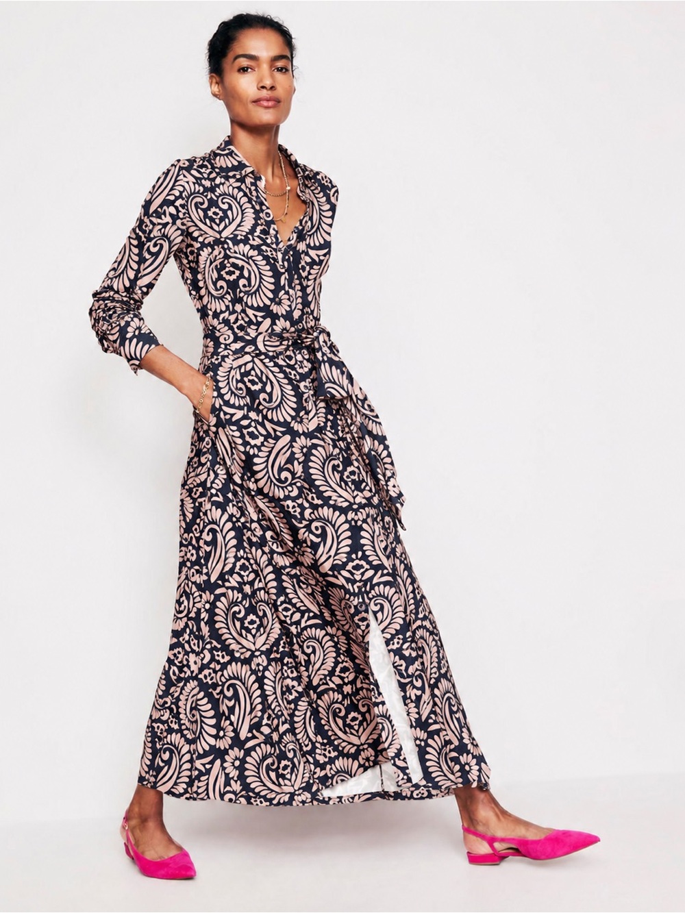 Boden Navy and Blush Printed Maxi Shirt Dress